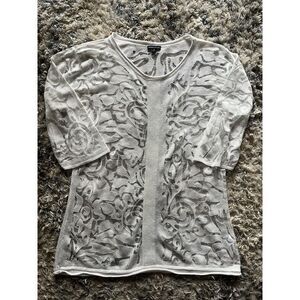 Rebecca Elliot White Embroidered Knit Sheer Blouse Sz M Viscose Blend